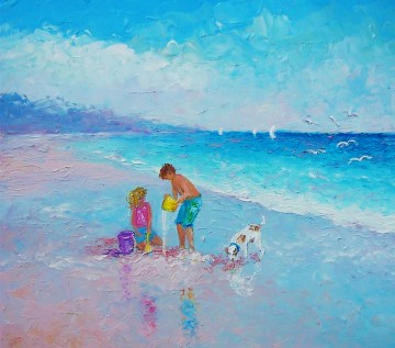  Dog Painting - boy and girl with dog on beach